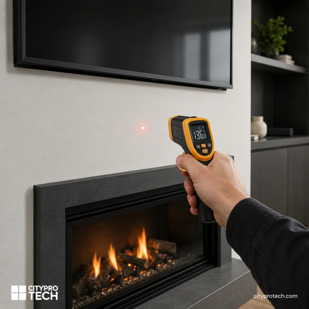Technician using a laser thermometer to check wall temperature above a fireplace before TV mounting