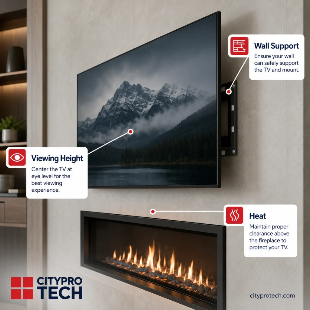 TV mounted above a fireplace with heat, viewing height, and wall support safety tips