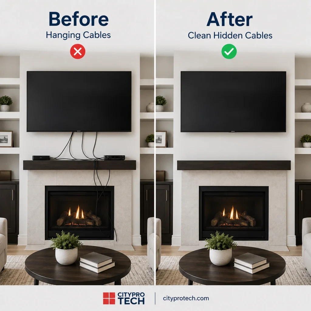 Before and after comparison of hanging TV cables versus clean hidden cable installation above a fireplace