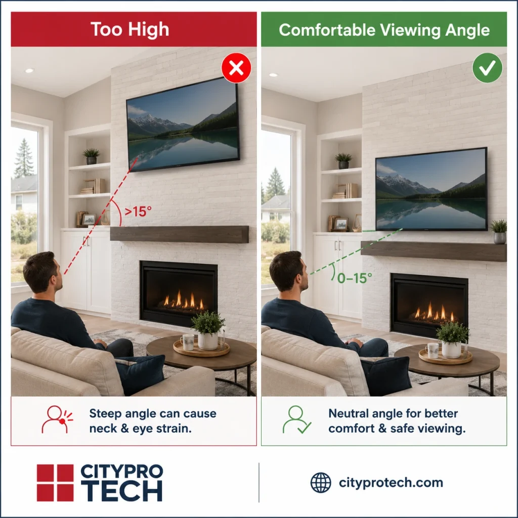 Comparison of a TV mounted too high above a fireplace versus a comfortable viewing angle