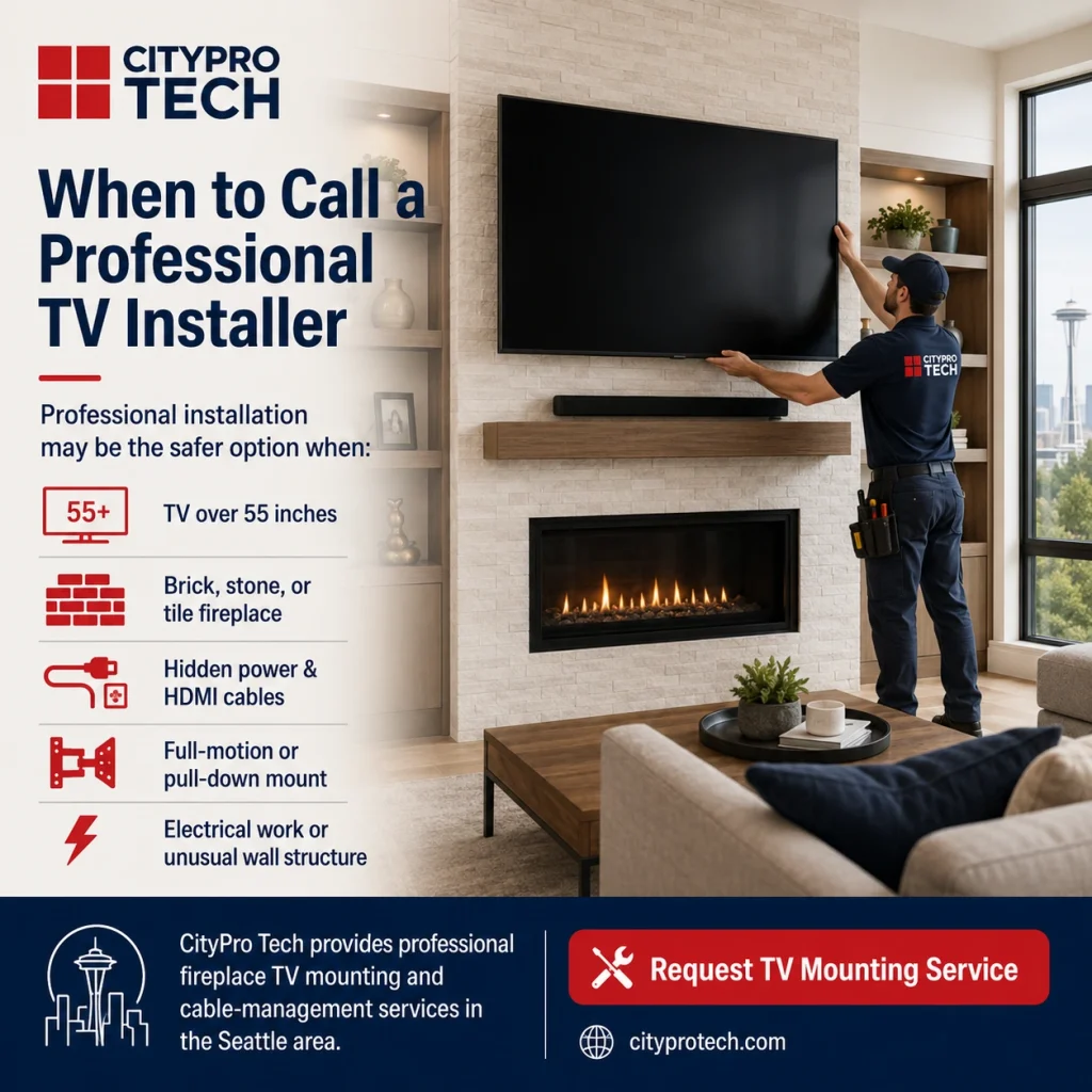 Professional TV installer mounting a large TV above a fireplace with reasons to hire expert installation